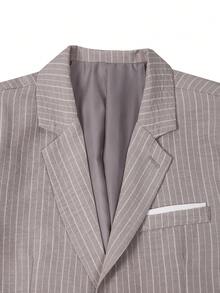 Manfinity Mode 男士灰白条纹纹理西装外套，春夏款 - 灰色 - 查看 5