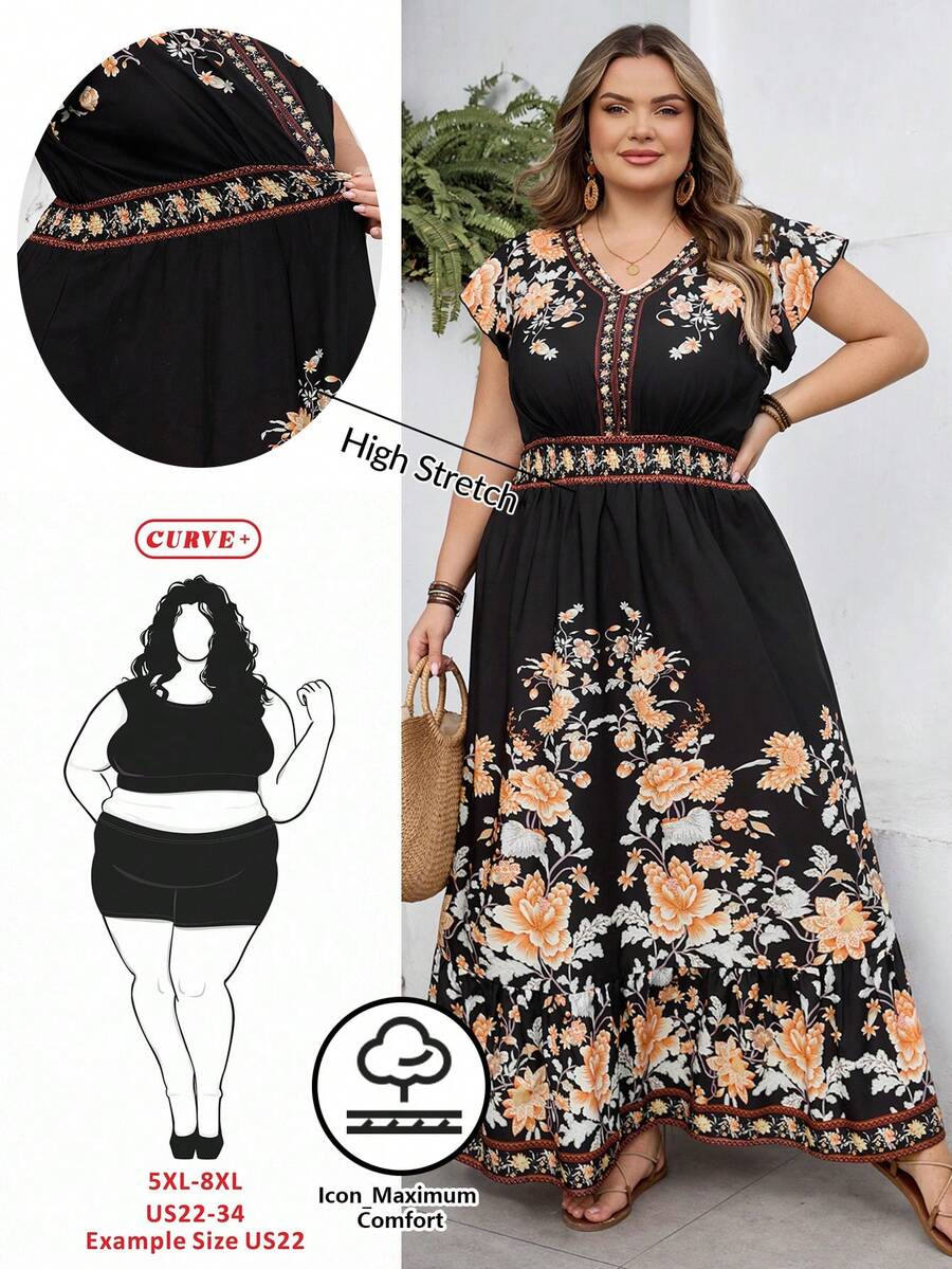 SHEIN CURVE+ Curve 尺码 US22 音乐节、海滨度假、波西米亚风 V 领短袖荷叶边下摆复古印花连衣裙 波西米亚风连衣裙 - 彩色 - 查看 1
