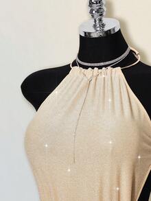 SHEIN ICON Women's Y2k Glitter Sleeveless Mini Dress,Valentines Day Dress,Sparkly Dress,Holiday Outfits For Women  Spring Gold Halter Dress - Gold - View 4