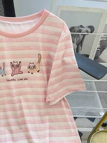 Resyla Women's Casual Letter & Cartoon Cat Print Round Neck Short Sleeve T-Shirt - Pink - View 5
