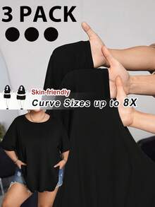 SHEIN CURVE+ 3pcs/Set Plus Size Summer Loose Fit Crew Neck Versatile Short Sleeve T-Shirts In White, Black And Gray,Curve Plus ,Hoho Vacation, Summer Tops - Black - View 10