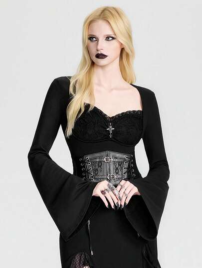 Breakform Women's Gothic Vintage Style Lace Ruffle Front Splice With Metal Cross Decor Solid Color Knit Fabric Flare Sleeve Fitted Cropped T-Shirt