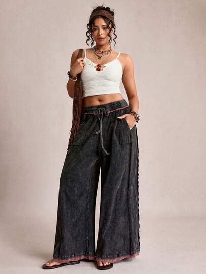 Freevana Plus Size Casual Everyday Washed Drawstring Waist Wide Leg Pants