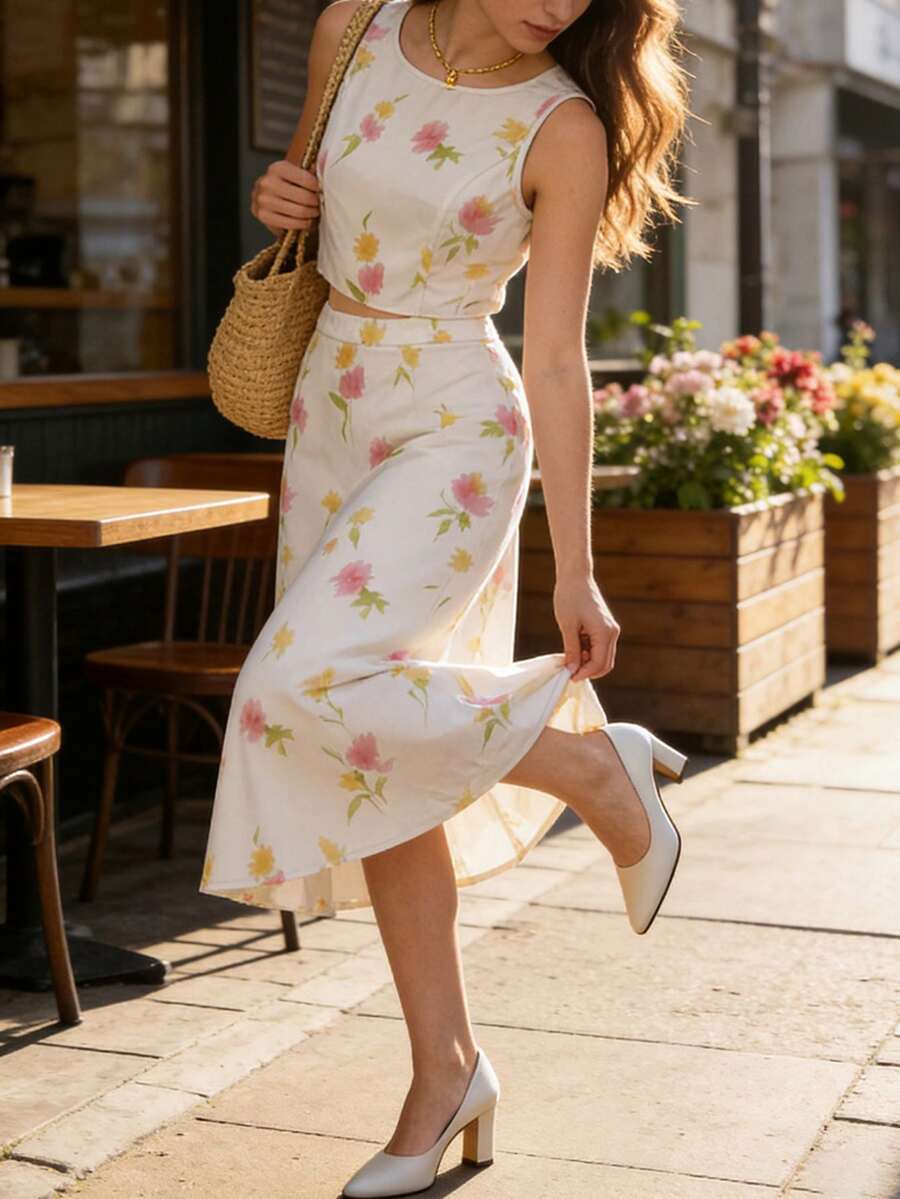 Balvessa Women Floral Print Sleeveless Cropped Shirt + Printed Mini Skirt 2-Piece Set - Beige - View 1