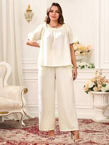 Miaspire Plus Size Elegant Commuter Solid Color Off Shoulder Shirt And Pants Two Pieces Set For Summer/ Vacation Lounge Sets For Women Lounge Sets Plus Size Summer Outfit For Women Beach Vacation Outfits Elegant Party Outfit White Plus Size Jumpsuit - White - View 7