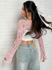 SHEIN EZwear Women's Distressed Pink Boat Neck Sexy Long Sleeve Pullover Sweater, Suitable For Valentine's Day Date Wear, Spring/Summer - Pink - View 2