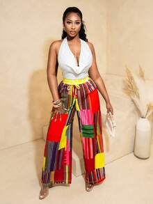 SHEIN BamGlam 女士新款春夏条纹印花直筒裤，海滩度假的完美之选 - 彩色 - 查看 3