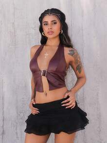 Rayane Ketlyn Women Buckle Front Backless Crop PU Leather Halter Top - Burgundy - View 4