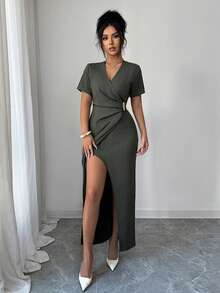 SHEIN 女士优雅纽扣装饰腰部开衩连衣裙，夏季 - 軍綠色 - 查看 6