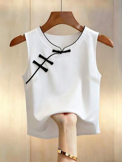 Franclia 新款中式旗袍上衣，立领，纽扣闭合，时尚新设计，无袖，撞色装饰滚边女式衬衫