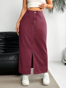 EMERY ROSE Chân váy xẻ tà bằng vải denim mài bạc màu kiểu dáng thường ngày - Màu Đỏ Sâu - Xem 3