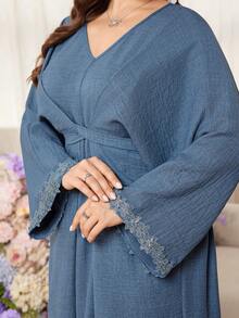 Al Najma Blue V-Neck Bat Wing Tie Waist Flattering Dress - Blue - View 6
