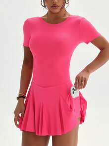 SHEIN Sovereign Charm Women's Round Neck Short Sleeve U-Back Asymmetrical Hem Pleated Dress With Built-In Shorts And Pockets, Suitable For Daily Casual Wear, Running, Yoga, Gym, Tennis, Golf, Etc., Spring/Summer/Autumn - Hot Pink - View 6