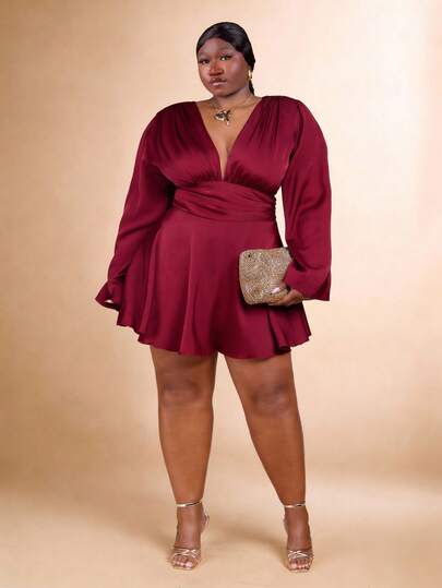 CurvyTilda 加大码红色缎面 V 领 A 字形连衣裙，适合派对和约会，圣诞派对迷你连衣裙，万圣节女装，冬季女装，长袖连衣裙，新年前夜连衣裙，感恩节，节日，婚礼，夜间外出，鸡尾酒会礼服，夏季女装，商务连衣裙，情人节连衣裙