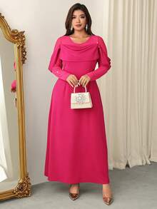 Firerie Elegant Plus Size Red Violet Long Knitted Fabric Dress With Round Neck Leg-Of-Mutton Sleeve And Flared Hem For Women Modest Wear - Red Violet - View 1