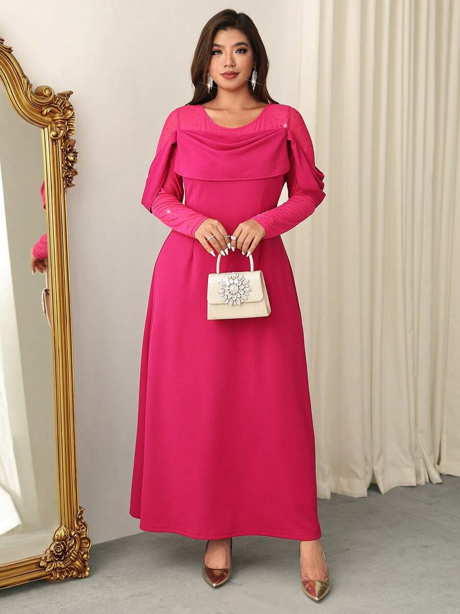 Firerie Elegant Plus Size Red Violet Long Knitted Fabric Dress With Round Neck Leg-Of-Mutton Sleeve And Flared Hem For Women Modest Wear - Red Violet - View 1