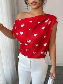 Rafferiza Women's Chic Red Heart Print Off-The-Shoulder Short-Sleeved Blouse,Summer Red And White Gathered Top For Party,Vacation,Valentine's Day & Casual Wear - Red - View 4