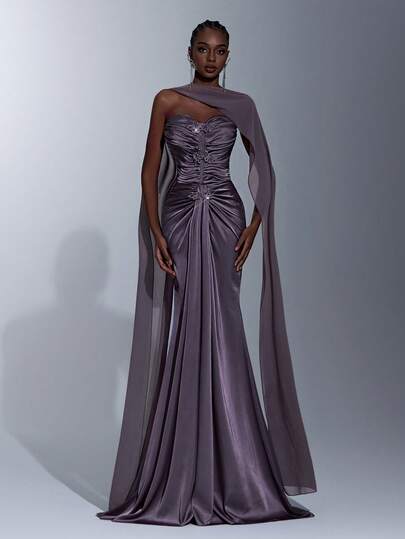 Elitara Elegant Satin Finish Brown Strapless V-Neck Ruched Bodice Vintage Beaded Embellished Fishtail Formal Gown (Detachable Neck Tie) Suitable For All Formal Occasions, Weddings, Parties, Galas