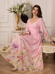 Modelyn Đầm nữ kiểu dáng lãng mạn, thanh lịch, cổ chữ V, tay phồng, họa tiết hoa ombre, thắt eo, dài đến đầu gối. - Hồng - Xem 1
