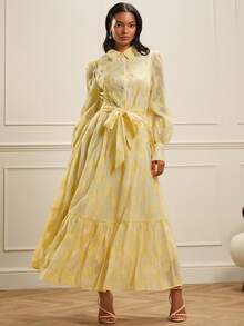 Lilora 优雅高端纯色提花编织翻领前襟纽扣系带腰部蝴蝶结荷叶边下摆灯笼袖连衣裙，适合休闲或半正式场合。 - 鵝黃色 - 查看 3