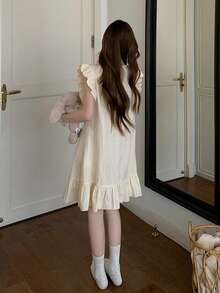 DAZY Women's Sweet Layered Ruffle Hem Polka Dot Fabric Short Nightgown, Summer - Apricot - View 2