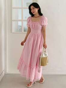 DAZY Damen Spitzenkragen tailliertes A-Linien Midi-Kleid, strukturierter Stoff - Pink - Übersicht 8