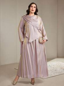 Veilorie Plus Size Women Solid Color Long Sleeve Asymmetric Hem Shirt And Midi Skirt Conservative Arabic Set - Light Grey - View 8