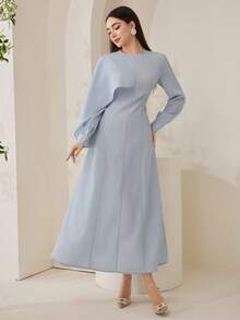 Veilorie Women's Elegant Solid Color Asymmetrical Cape Sleeve Waist Cinched Arabic Style Dress, Suitable For Spring And Autumn - Blue - View 7