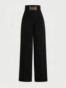 Franclia 高腰装饰纽扣松紧腰阔腿裤，女士休闲裤 - 黑色 - 查看 3