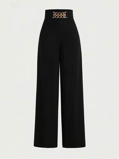 Franclia Women Summer High-Waisted Wide-Leg Trousers,Decorative Metal Buckle Elasticated Black Pants,Classy Office Business Wear,Winter,Black N Gold  Wear
