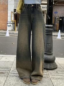 FRIFUL 女士做旧水洗直筒牛仔裤，休闲百搭长款牛仔裤 - 藍色 - 查看 6