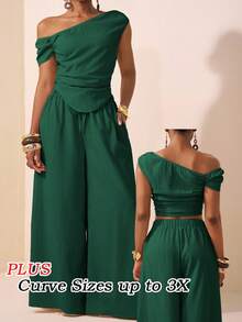 Veslaya 春夏初秋新款，适合圣帕特里克节、生日派对、毕业季、教师节、日常休闲、度假、邮轮旅行、海滩、日光浴、潮流、通勤、早午餐、机场穿搭，女士大码不对称肩部设计褶皱下摆露脐上衣和阔腿裤两件套，纹理面料，夏季穿搭 - 墨綠色 - 查看 3