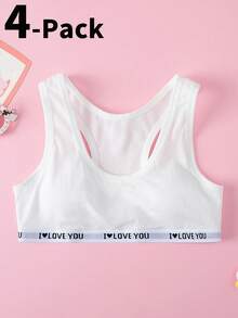 4pcs Tween Girl Letter Jacquard Crew Neck Bralette Underwear, Solid Color - Multicolor - View 4