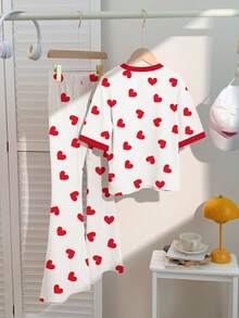 Tween Girls Cute Multicolor Heart Print Tee And Pants Co-Ord Set With Contrast Piping Drop Shoulder Short Sleeve Round Neck Regular Fit - Multicolor - View 3