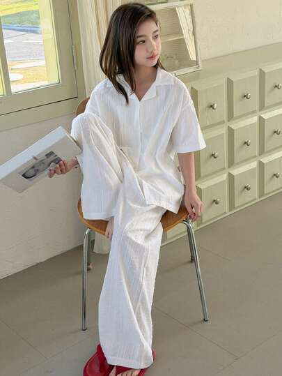 DAZY Tween Girls' Dropped Shoulder Short Sleeve Loose Front Button Casual Comfortable Loungewear