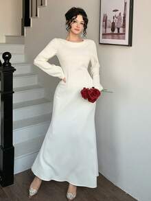 DAZY Women's Elegant Long Dress With Beaded Shawl Collar Design - Ivory White - View 4