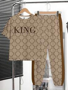 Teen Boy New Arrival Casual Minimalist Classic Fashion Retro Floral, English Letter "King" Sports Style Loose Comfortable Fashionable Simplistic Round Neck Short Sleeve T-Shirt And Pants Set - Multicolor - View 2
