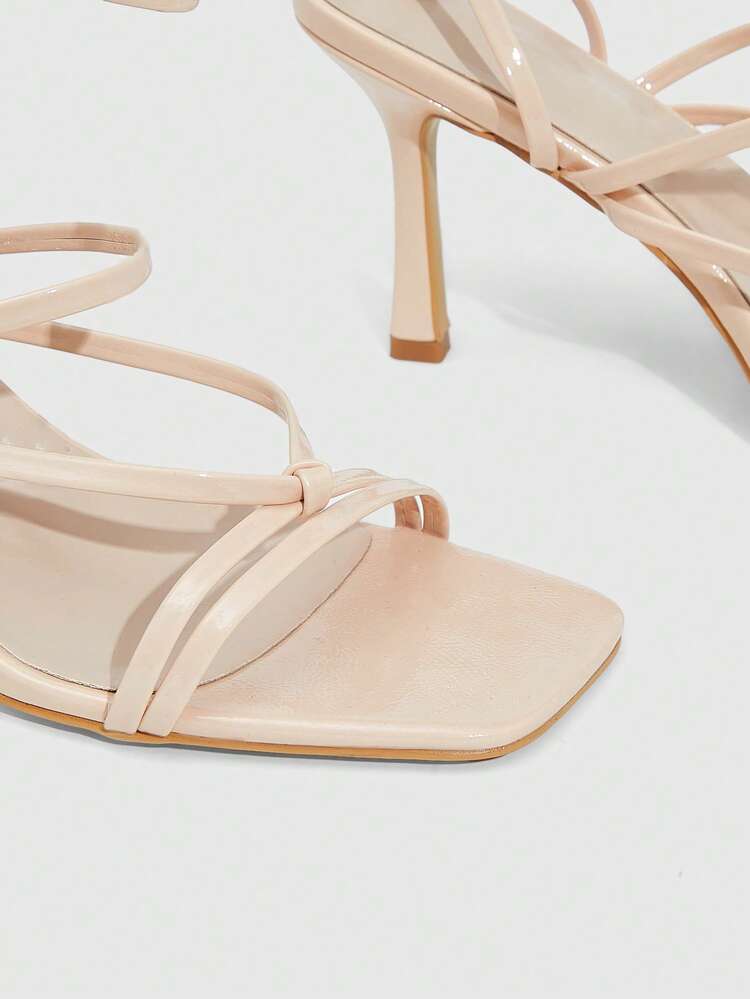 CUCCOO SZL Women Shoes Apricot Thin Strips Cross-Knotted Strap Ankle Strap Fashionable Sexy Square High-Heeled Sandals Prom Heels