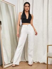 SHEIN PETITE Quần jeans nữ dáng suông, cạp cao, túi xéo, màu trơn, kiểu dáng thường ngày. - trắng - Xem 1