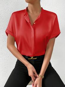 Chiquease Áo sơ mi nữ tay ngắn màu trơn, kiểu dáng thường ngày, cài một hàng khuy. - Đỏ - Xem 4