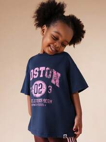 SUMWON Girls Oversized Boston Vintage Inspired Graphic Tee With Distressed Text Design Crew Neck Short Sleeve For Casual And Vacation - Blue - View 4