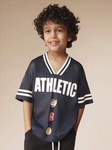 SUMWON Boys Oversized Jersey Mesh T-Shirt With Athletic Badges And V-Neck Short Sleeve Tee For Casual Everyday Summer Wear Vacation - Navy Blue - View 1