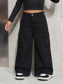 Young Girl' Camouflage & Branch Print Loose Fit Denim Pants - Black - View 3