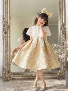Đầm chữ A phối màu jacquard trang trí nơ, thanh lịch dành cho bé gái tuổi teen dự tiệc. - trắng - Xem 1