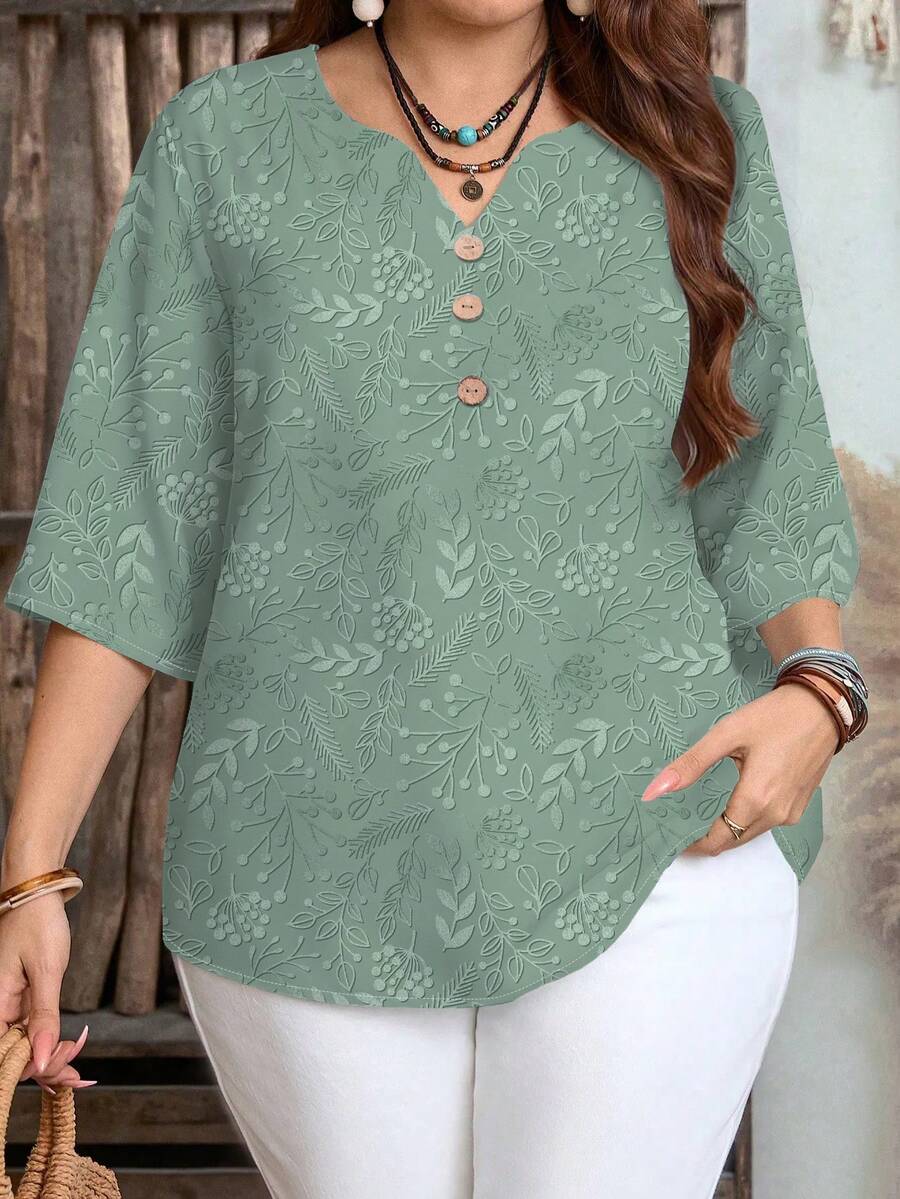 EMERY ROSE Blus Kasual Wanita Ukuran Besar dengan Leher V dan Motif Bunga, Cocok untuk Sehari-hari di Musim Panas - MultiWarna - View 1