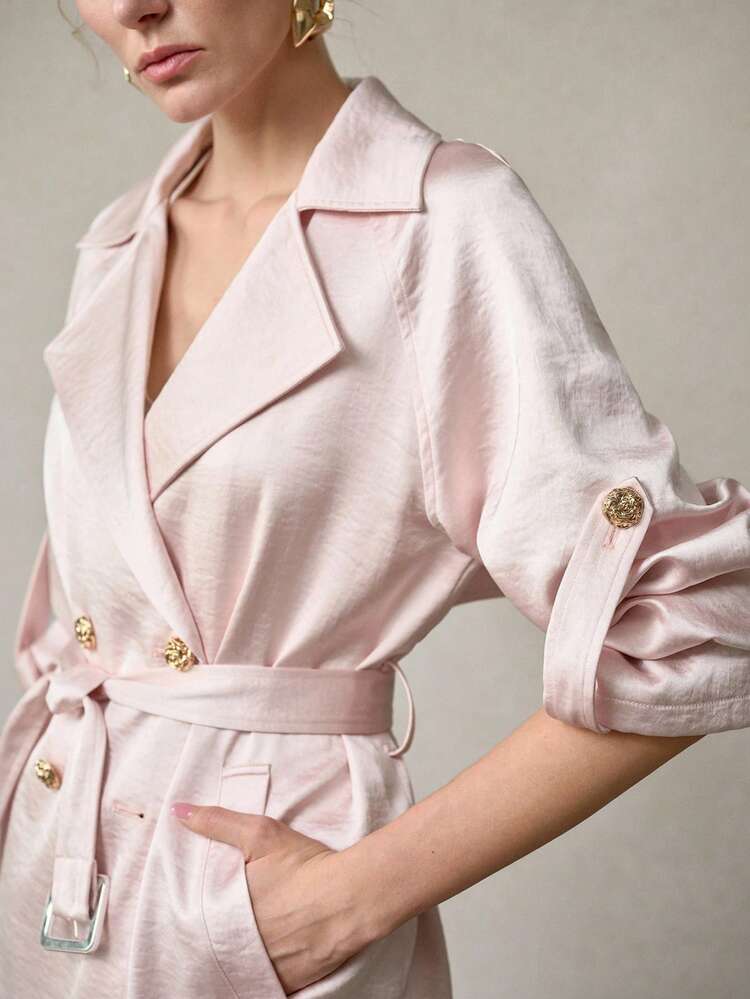 SATIN SOLID LAPEL COLLAR DOUBLE BREASTED PLACKET ROLL TAB SLEEVE BUCKLE BELTED COAT