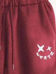 SHEIN Cottnline Men's Sweatshirt And Pants Two-Piece Set With Emoticon And Letter Print - Burgundy - View 3