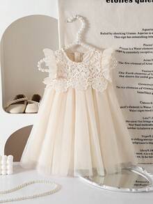 SHEIN Babygirl Cute & Elegant Apricot Floral Lace Mesh Cap Sleeve Dress - Apricot - View 3