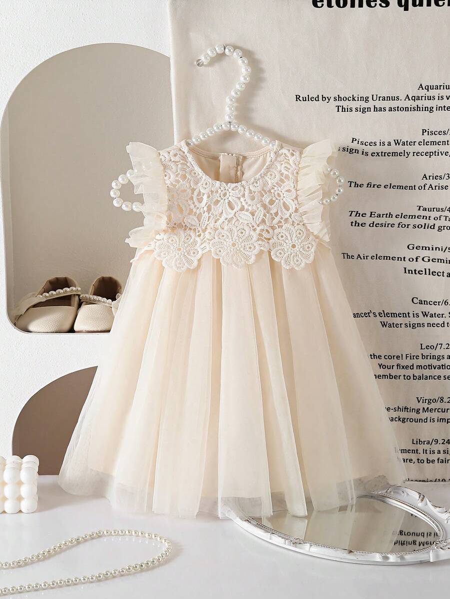 SHEIN Babygirl Cute & Elegant Apricot Floral Lace Mesh Cap Sleeve Dress - Apricot - View 1