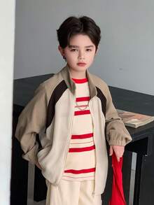 DAZY Chaqueta casual con cremallera y mangas raglán de bloques de color para niño preadolescente - Albaricoque - Ver 6